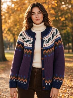 Artisanias Ishka Vintage 100% Wool Fair Isle Chunky Knit Oversized Cardigan